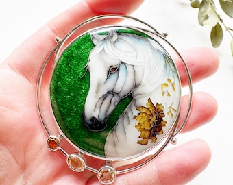 One of a Kind Sterling Silver Horse Pendant | Enamel Brooch with Zirconia Accent