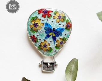 Unique Handcrafted Air Balloon Flower Brooch Pendant - Colorful Cloisonne Enamel Silver