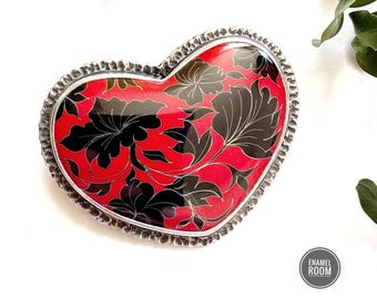 Heart Cloisonné Enamel Brooch Pendant in Sterling Silver | Handmade One of a Kind Jewelry
