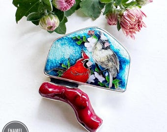 Handcrafted Sterling Silver Cardinal Brooch Pendant - Cloisonne Enamel Gift for Her