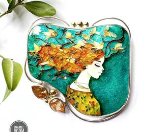 Sterling Silver Cloisonné Enamel Brooch, Red-Haired Girl with Birds, Handmade Art