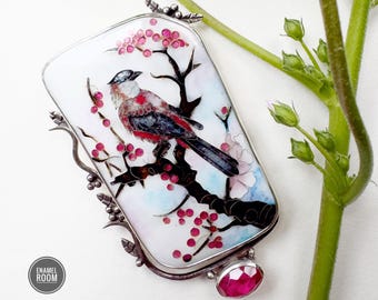 Unique Cloisonne Enamel Bird Brooch Pendant - Floral Pink Blossom Jewelry Gift for Women