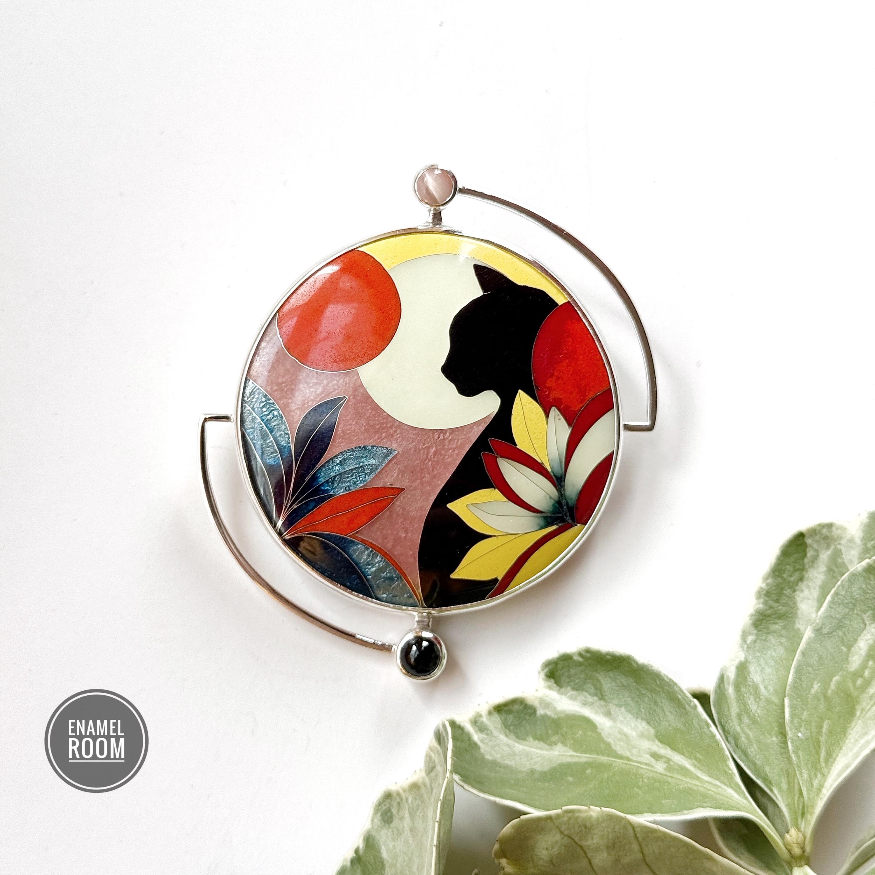 Cloisonne Enamel Jewelry. Black Cat Moon Pendant Brooch, Handmade Silver Cloisonne Enamel,  Floral Design, Perfect Gift for Cat Lovers