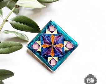 Colorful Geometric Brooch/Pendant: Georgian Cloisonne Enamel Sterling Silver Handcrafted Jewelry.
