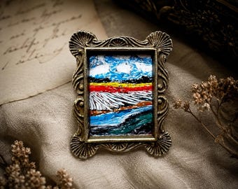 Miniature Enamel Painting in Frame - Tiny Landscape Art, Handmade Original Artwork
