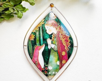 Fairy & Fox Cloisonne Brooch Pendant | Handmade Silver Enamel Jewelry | Unique Fantasy Woodland Gift