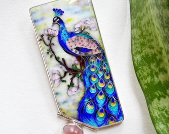 Artisan Cloisonne Enamel Brooch/Pendant – Silver Peacock Jewelry with Pink Onyx