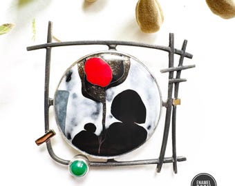 Abstract Cloisonne Enamel Brooch Pendant – Sterling Silver Jewelry with Gemstone