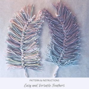 May include: Two handmade macrame feathers in pastel colours. One feather is a mix of pink, yellow, and green, while the other is shades of purple and blue. The text reads "Easy and Versatile Feathers".
