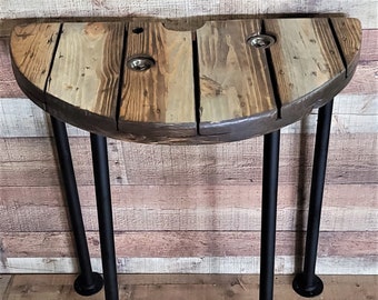 Farmhouse Wood Spool Half Table - 20" to 36 IN - Hairpin & Pipe Legs -  Statement Piece Gift - End Side Dining Indoor Outdoor Wooden Table