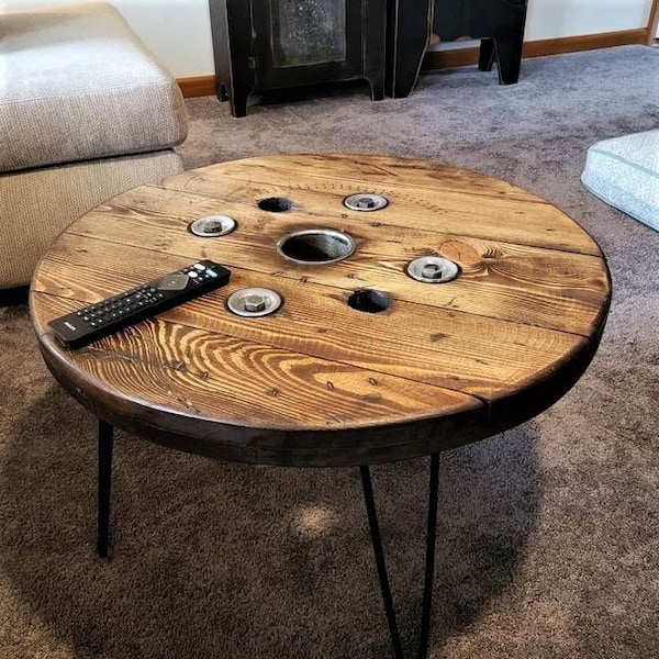 Farmhouse Wood Spool Table - 20" to 36 IN - Hairpin & Pipe Legs - Statement Piece Gift - Round Coffee Side Dining Pub Outdoor Wooden Table