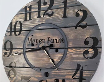 Farmhouse Wood Spool Wall Clock - 20" to 36 IN Round Wooden Clock - Personalized Unique Gift - Industrial Rustic Statement Piece- Custom Art