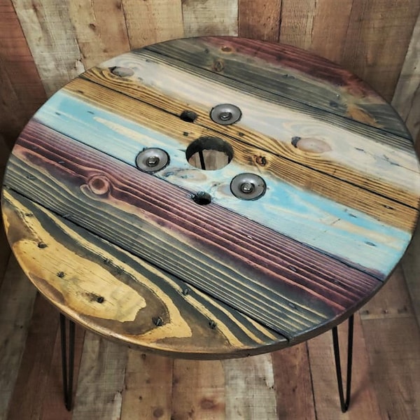 Farmhouse Wood Spool Table - 20" to 36 IN - Hairpin & Pipe Legs - Statement Piece Gift - Round Coffee Side Dining Pub Outdoor Wooden Table