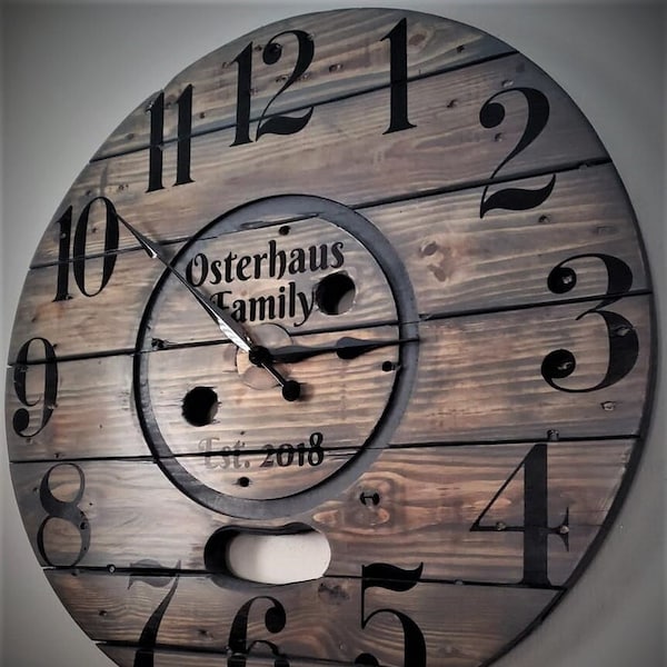 Farmhouse Wood Spool Wall Clock - 20" to 36 IN Round Wooden Clock - Personalized Unique Gift - Industrial Rustic Statement Piece- Custom Art