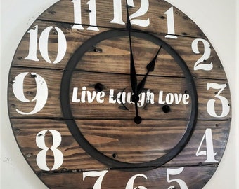 Farmhouse Wood Spool Wall Clock - 20" to 36 IN Round Wooden Clock - Personalized Unique Gift - Industrial Rustic Statement Piece- Custom Art