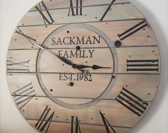 Farmhouse Wood Spool Wall Clock - 20" to 36 IN Round Wooden Clock - Personalized Unique Gift - Industrial Rustic Statement Piece- Custom Art