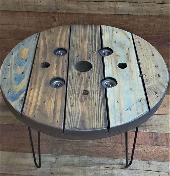 Farmhouse Wood Spool Table - 20" to 36 IN - Hairpin & Pipe Legs - Statement Piece Gift - Round Coffee Side Dining Pub Outdoor Wooden Table
