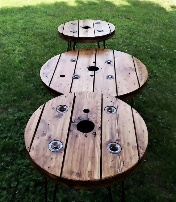 Farmhouse Wood Spool Table - 20" to 36 IN - Hairpin & Pipe Legs - Statement Piece Gift - Round Coffee Side Dining Pub Outdoor Wooden Table