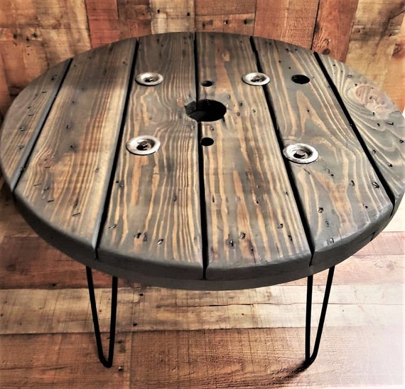 Farmhouse Wood Spool Table - 20" to 36 IN - Hairpin & Pipe Legs - Statement Piece Gift - Round Coffee Side Dining Pub Outdoor Wooden Table