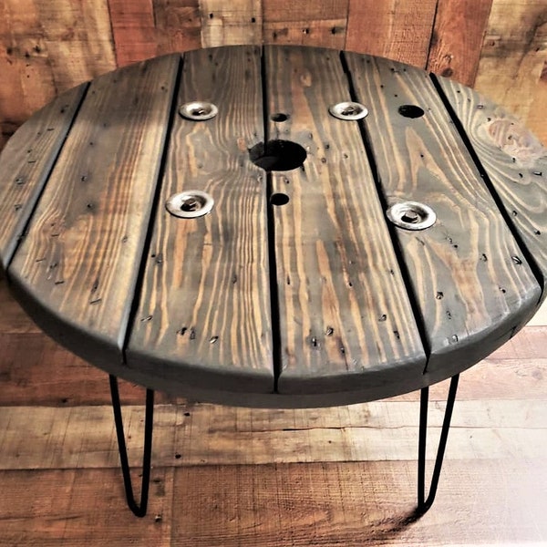 Farmhouse Wood Spool Table - 20" to 36 IN - Hairpin & Pipe Legs - Statement Piece Gift - Round Coffee Side Dining Pub Outdoor Wooden Table