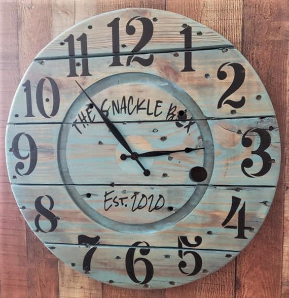 Farmhouse Wood Spool Wall Clock - 20" to 36 IN Round Wooden Clock - Personalized Unique Gift - Industrial Rustic Statement Piece- Custom Art