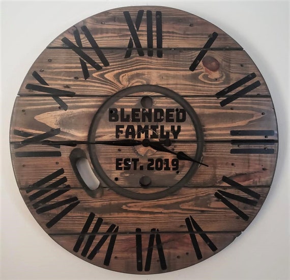 Farmhouse Wood Spool Wall Clock - 20" to 36 IN Round Wooden Clock - Personalized Unique Gift - Industrial Rustic Statement Piece- Custom Art