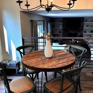 Rustic Spool Wood Round Table – 20&quot; to 36&quot; – Hairpin or Pipe Legs – Coffee Side Dining Pub Outdoor Table – Farmhouse Industrial Decor