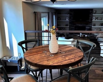 Rustic Spool Wood Round Table – 20" to 36" – Hairpin or Pipe Legs – Coffee Side Dining Pub Outdoor Table – Farmhouse Industrial Decor