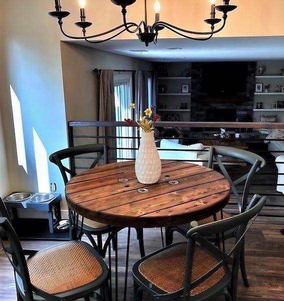 Farmhouse Wood Spool Table - 20" to 36 IN - Hairpin & Pipe Legs - Statement Piece Gift - Round Coffee Side Dining Pub Outdoor Wooden Table