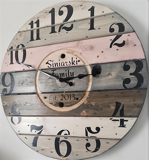 Farmhouse Wood Spool Wall Clock - 20" to 36 IN Round Wooden Clock - Personalized Unique Gift - Industrial Rustic Statement Piece- Custom Art