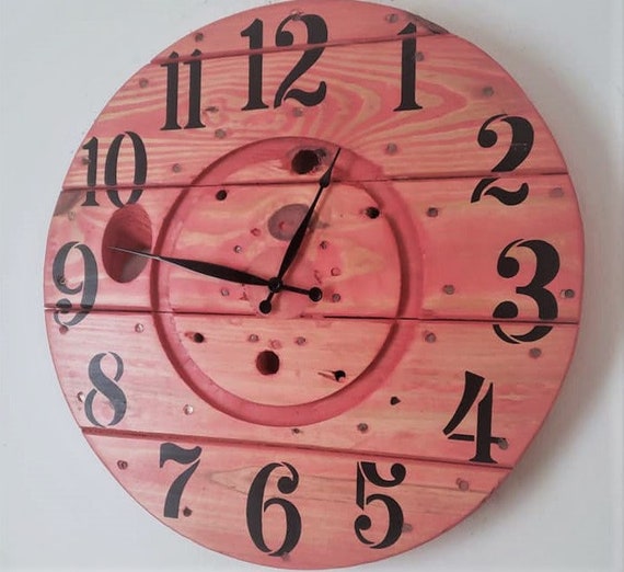 Farmhouse Wood Spool Wall Clock - 20" to 36 IN Round Wooden Clock - Personalized Unique Gift - Industrial Rustic Statement Piece- Custom Art