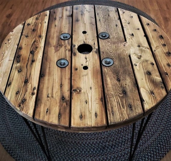 Farmhouse Wood Spool Table - 20" to 36 IN - Hairpin & Pipe Legs - Statement Piece Gift - Round Coffee Side Dining Pub Outdoor Wooden Table