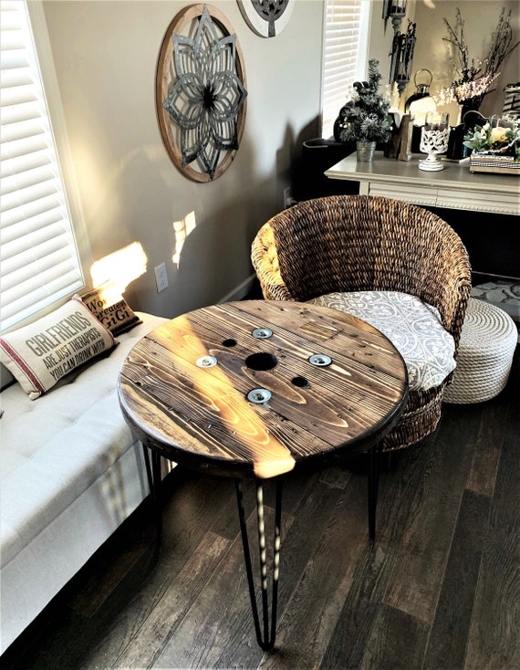 Farmhouse Wood Spool Table - 20" to 36 IN - Hairpin & Pipe Legs - Statement Piece Gift - Round Coffee Side Dining Pub Outdoor Wooden Table
