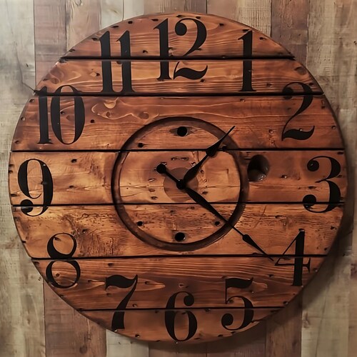 Rustic Farmhouse Spool Wall Clock – 20" to 36" Round – Personalized Wooden Clock – Industrial Custom Art – Large Unique Statement Decor