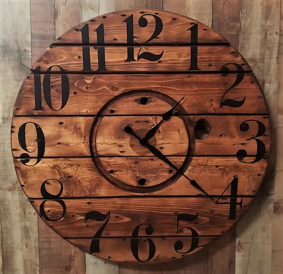 Farmhouse Wood Spool Wall Clock - 20" to 36 IN Round Wooden Clock - Personalized Unique Gift - Industrial Rustic Statement Piece- Custom Art