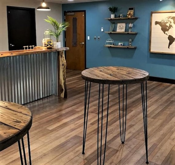 Farmhouse Wood Spool Table - 20" to 36 IN - Hairpin & Pipe Legs - Statement Piece Gift - Round Coffee Side Dining Pub Outdoor Wooden Table