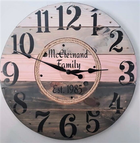 Farmhouse Wood Spool Wall Clock - 20" to 36 IN Round Wooden Clock - Personalized Unique Gift - Industrial Rustic Statement Piece- Custom Art