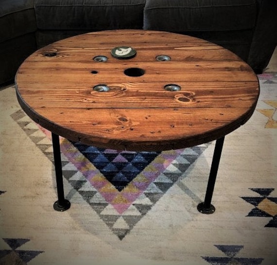 Farmhouse Wood Spool Table - 20" to 36 IN - Hairpin & Pipe Legs - Statement Piece Gift - Round Coffee Side Dining Pub Outdoor Wooden Table