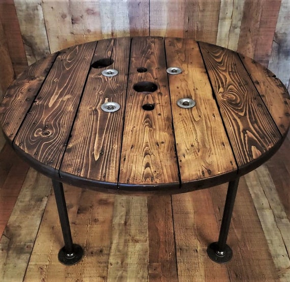 Farmhouse Wood Spool Table - 20" to 36 IN - Hairpin & Pipe Legs - Statement Piece Gift - Round Coffee Side Dining Pub Outdoor Wooden Table
