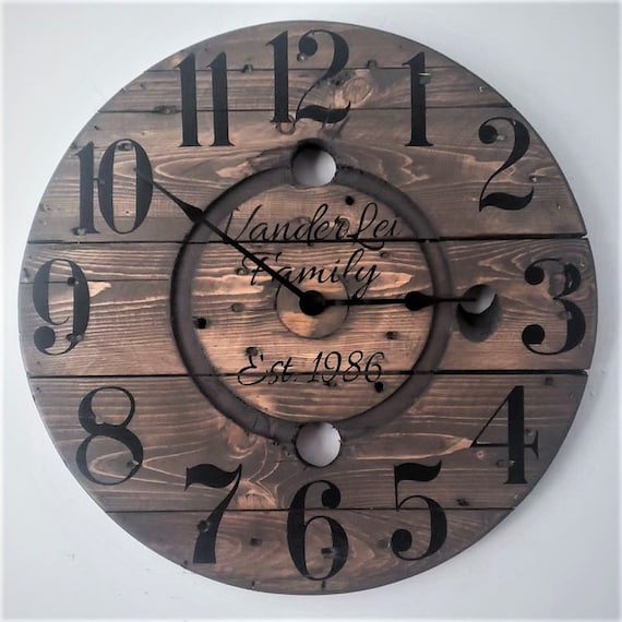 Farmhouse Wood Spool Wall Clock - 20" to 36 IN Round Wooden Clock - Personalized Unique Gift - Industrial Rustic Statement Piece- Custom Art