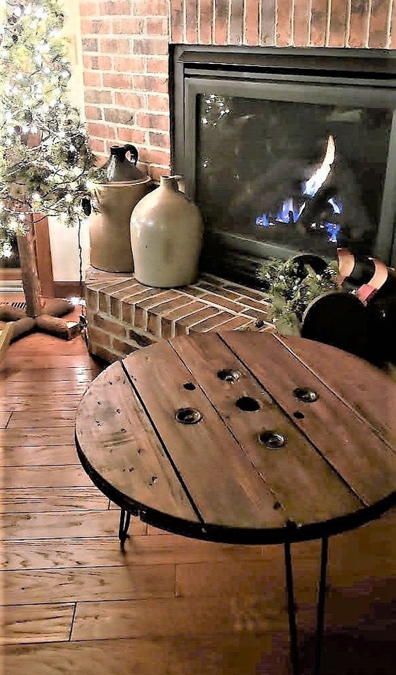 Farmhouse Wood Spool Table - 20" to 36 IN - Hairpin & Pipe Legs - Statement Piece Gift - Round Coffee Side Dining Pub Outdoor Wooden Table