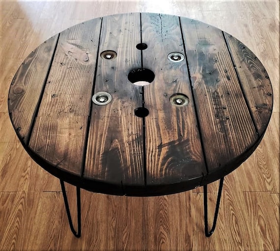Farmhouse Wood Spool Table - 20" to 36 IN - Hairpin & Pipe Legs - Statement Piece Gift - Round Coffee Side Dining Pub Outdoor Wooden Table