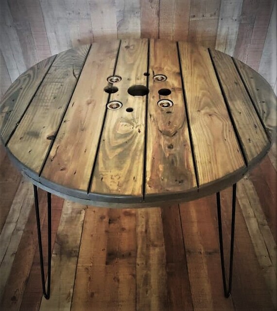 Farmhouse Wood Spool Table - 20" to 36 IN - Hairpin & Pipe Legs - Statement Piece Gift - Round Coffee Side Dining Pub Outdoor Wooden Table