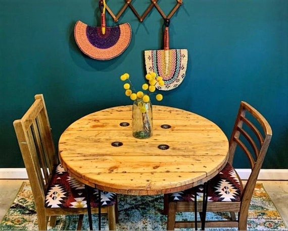 Farmhouse Wood Spool Table - 20" to 36 IN - Hairpin & Pipe Legs - Statement Piece Gift - Round Coffee Side Dining Pub Outdoor Wooden Table