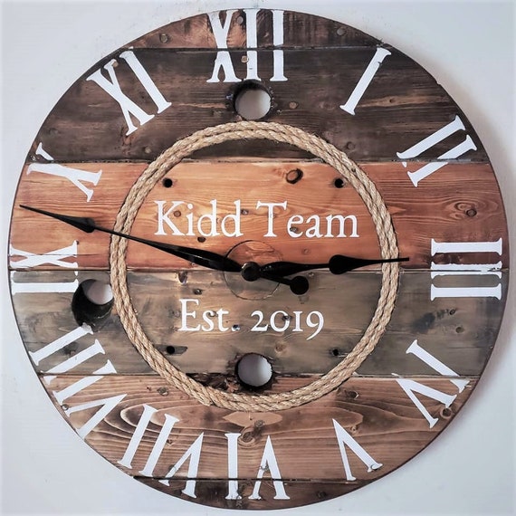 Farmhouse Wood Spool Wall Clock - 20" to 36 IN Round Wooden Clock - Personalized Unique Gift - Industrial Rustic Statement Piece- Custom Art