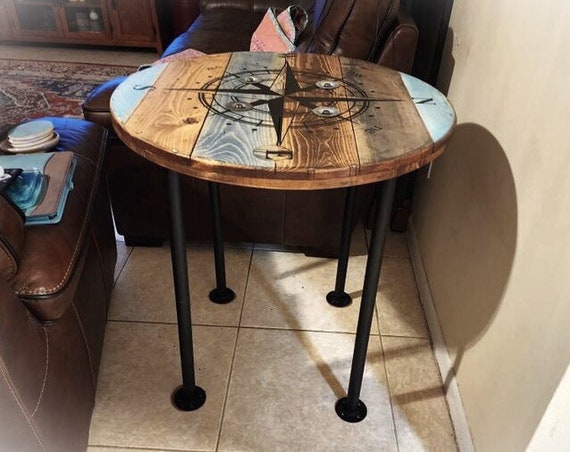Farmhouse Wood Spool Table - 20" to 36 IN - Hairpin & Pipe Legs - Statement Piece Gift - Round Coffee Side Dining Pub Outdoor Wooden Table