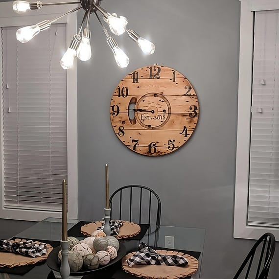 Farmhouse Wood Spool Wall Clock - 20" to 36 IN Round Wooden Clock - Personalized Unique Gift - Industrial Rustic Statement Piece- Custom Art