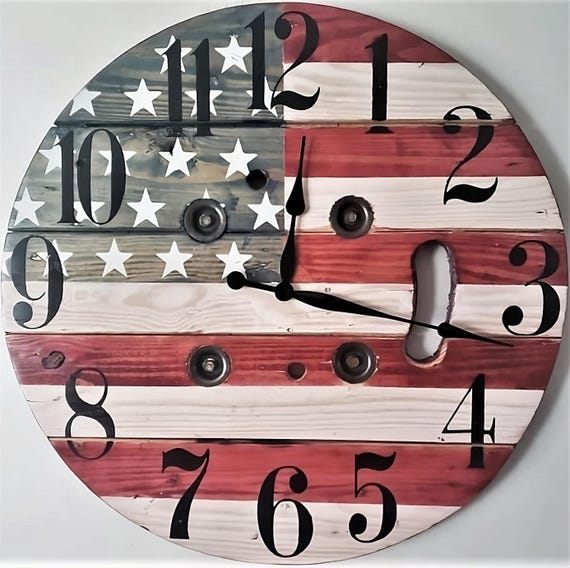 Farmhouse Wood Spool Wall Clock - 20" to 36 IN Round Wooden Clock - Personalized Unique Gift - Industrial Rustic Statement Piece- Custom Art