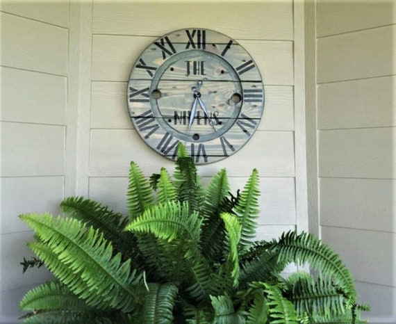 Farmhouse Wood Spool Wall Clock - 20" to 36 IN Round Wooden Clock - Personalized Unique Gift - Industrial Rustic Statement Piece- Custom Art