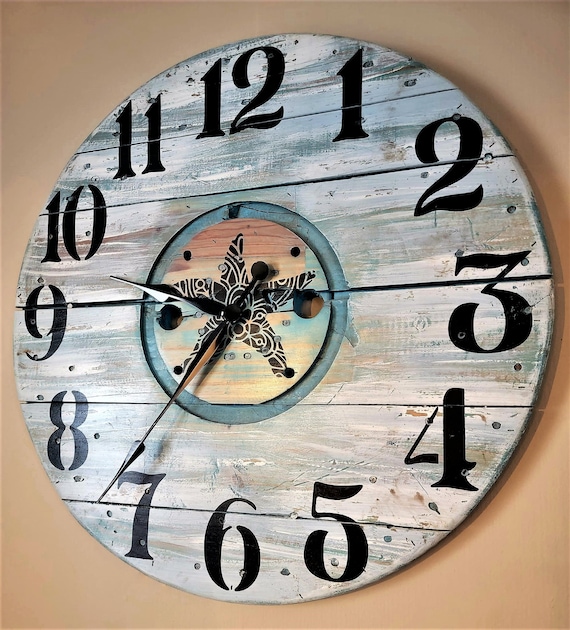 Farmhouse Wood Spool Wall Clock - 20" to 36 IN Round Wooden Clock - Personalized Unique Gift - Industrial Rustic Statement Piece- Custom Art